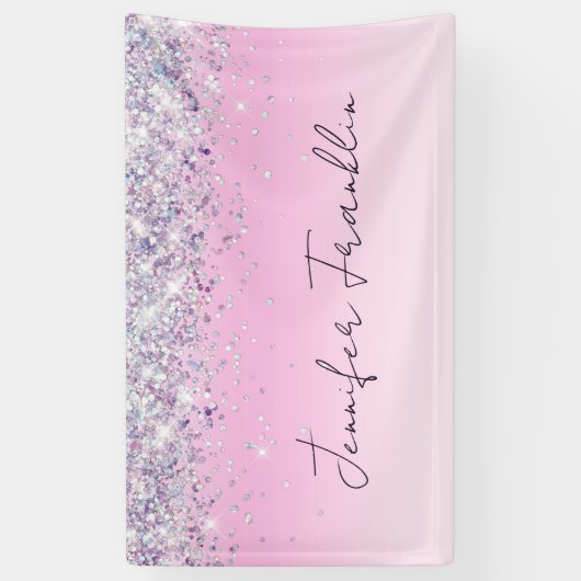 Bling Holografische Glitter Script Roze Spandoek (Verticaal)