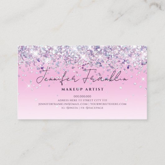 Bling Holographic Glitter MakeupArtist Script Roze Visitekaartje (Achterkant)