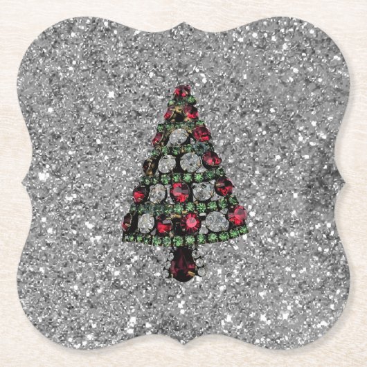 Bling kerstboom Silver Glitter Paper Onderzetter (Voorkant)