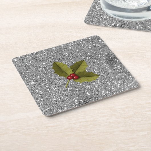 Bling Kerstmis Holly Berry Leaf Silver Glitter Kartonnen Onderzetters (Schuin)