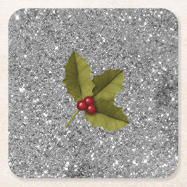 Bling Kerstmis Holly Berry Leaf Silver Glitter Kartonnen Onderzetters