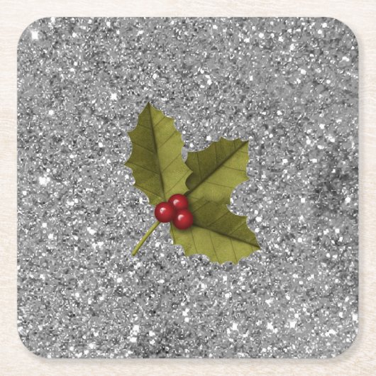 Bling Kerstmis Holly Berry Leaf Silver Glitter Kartonnen Onderzetters (Voorkant)