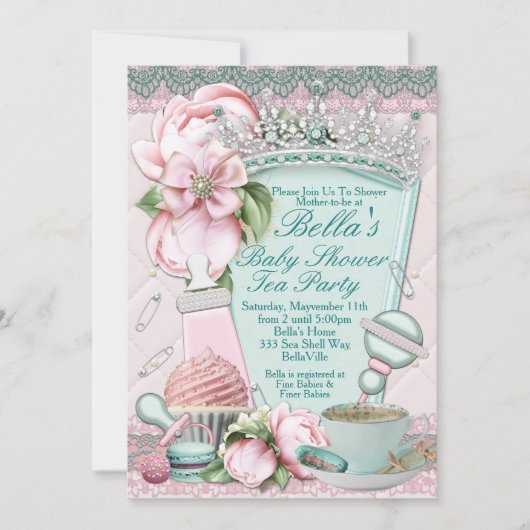 Bling Peony Baby shower Tea Invitations Kaart (Voorkant)