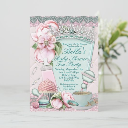 Bling Peony Baby shower Tea Invitations Kaart (Staand voorkant)