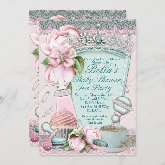 Bling Peony Baby shower Tea Invitations Kaart (Voorkant / Achterkant)