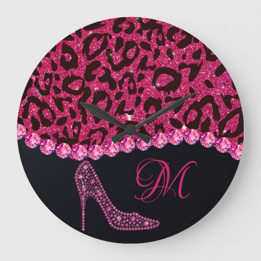 Bling Sparkle Diamond Glitter Leopard Pink Grote Klok (Voorkant)