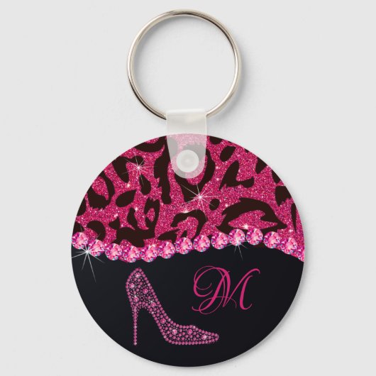 Bling Sparkle Diamond Glitter Leopard Pink Sleutelhanger (Voorkant)