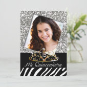 Bling Tiara Zebra Quinceañera 15th Birthday Silver Kaart (Staand voorkant)