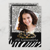 Bling Tiara Zebra Quinceañera 15th Birthday Silver Kaart (Voorkant / Achterkant)