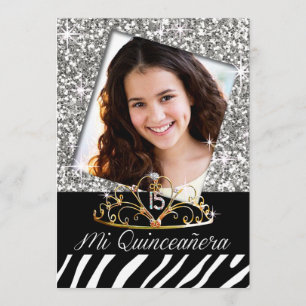 Bling Tiara Zebra Quinceañera 15th Birthday Silver Kaart