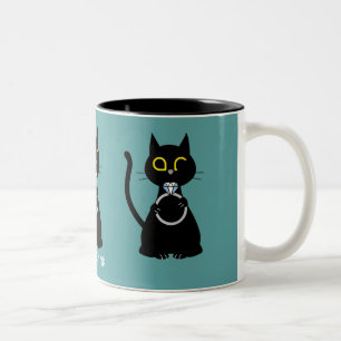 BLING WINK Funny Black Cat Proposal Two Tone Mok