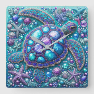 Bling Zee Schildpad Blauw Paarse Blauwgroen Vierkante Klok