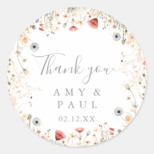 Blissful Boho Wildflower Bedankt voor de bruiloft Ronde Sticker (Voorkant)