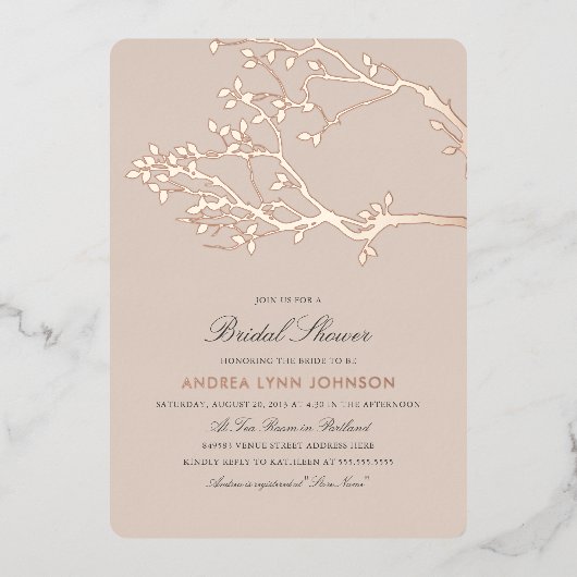 Blissful Branches Vrijgezellenfeest Roos Gold Folie Uitnodiging (Voorkant)