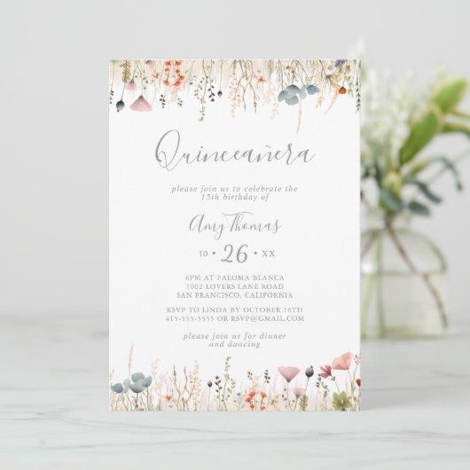 Blissful Colorful Boho Wildflower Quinceañera Kaart (Staand voorkant)