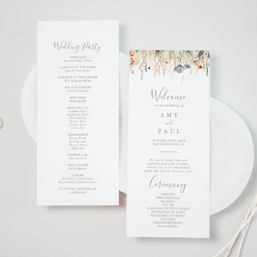 Blissful Colorful Boho Wildflower Wedding Program Programmakaart