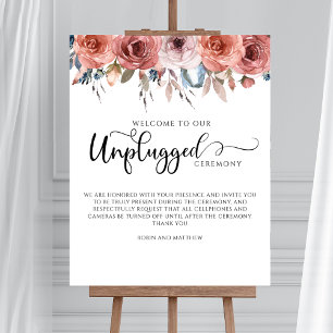 Blissful Floral Blush Blue Unplugged Ceremony Sign Poster