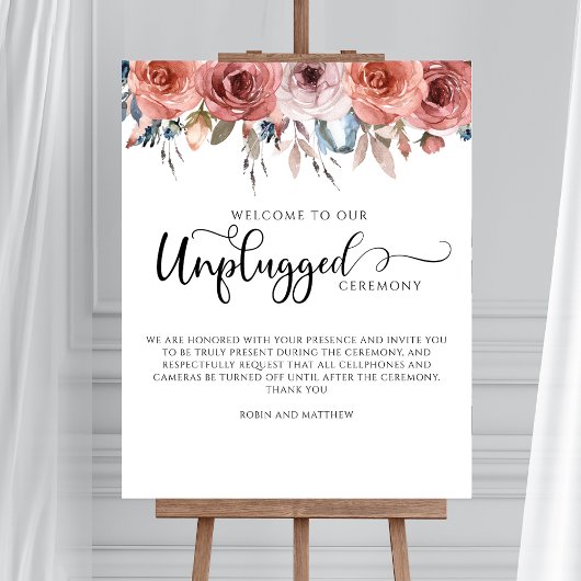 Blissful Floral Blush Blue Unplugged Ceremony Sign Poster