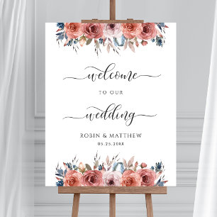 Blissful Floral Blush Blue Wedding Welcome Sign Poster
