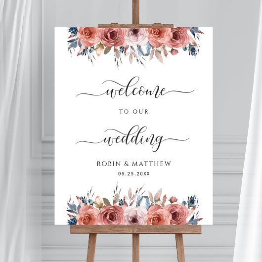 Blissful Floral Blush Blue Wedding Welcome Sign Poster