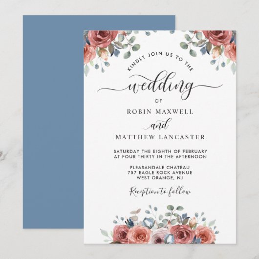 Blissful Floral Dusty Blue en Blush Wedding Kaart (Voorkant / Achterkant)