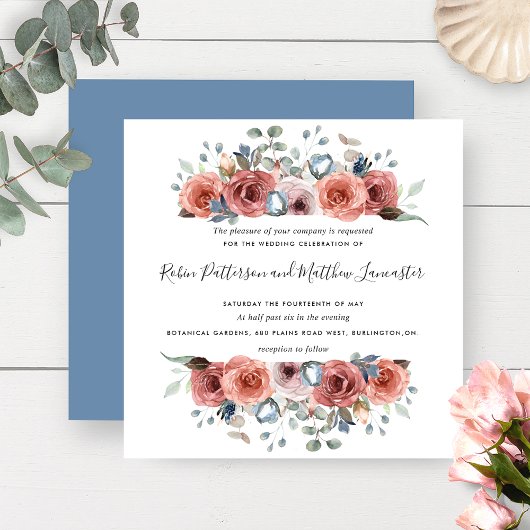 Blissful Floral Dusty Blue en Blush Wedding Kaart