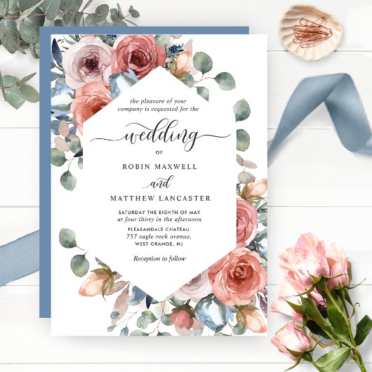 Blissful Floral Dusty Blue en Blush Wedding Kaart