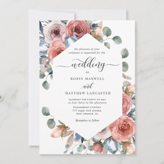Blissful Floral Dusty Blue en Blush Wedding Kaart (Voorkant)