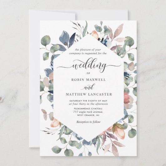 Blissful Floral Dusty Blue en Greenery Wedding Kaart (Voorkant)