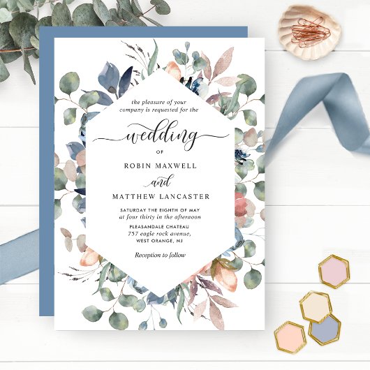 Blissful Floral Dusty Blue en Greenery Wedding Kaart