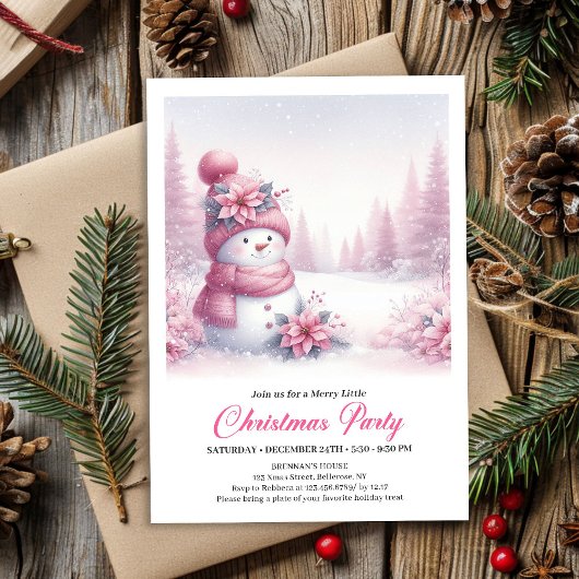 Blissful Snowy Pink Snowman Editable Kids Christma Kaart