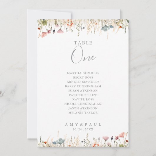 Blissful Wildflower Table Number 1 Seating Chart Kaart (Voorkant)