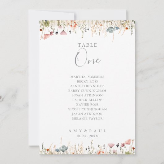 Blissful Wildflower Table Number 1 Seating Chart Kaart (Achterkant)