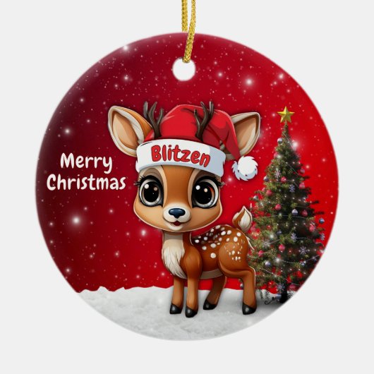 Blitzen Baby Deer, Fawn, Doe, Reindeer🦌 🎄 Keramisch Ornament (Voorkant)