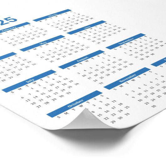 Bliue en Wit 2025 Jaar in een oogopslag Kalender Poster (Hoek)