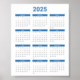 Bliue en Wit 2025 Jaar in een oogopslag Kalender Poster
