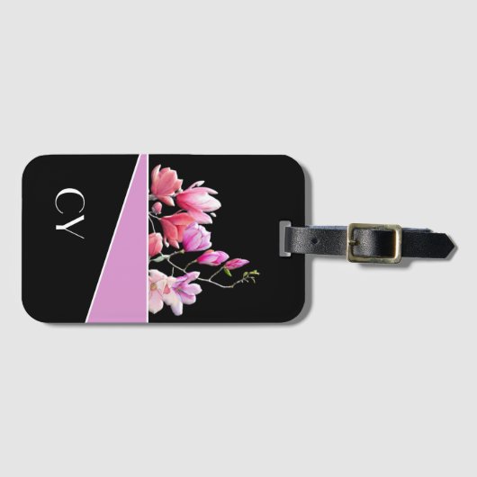 Blk Classy Monogrammed Pinks Botanisch Bagagelabel (Voorkant (horizontaal))