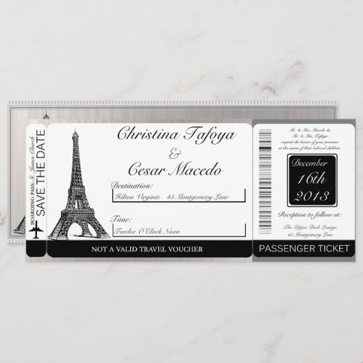Blk Eiffel Tower boarding Pass Weduwen Uitnodiging (Voorkant / Achterkant)