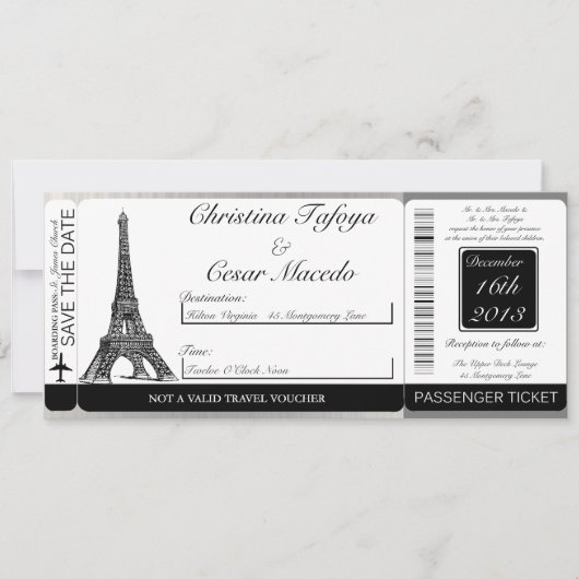 Blk Eiffel Tower boarding Pass Weduwen Uitnodiging (Voorkant)