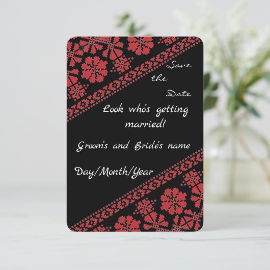 Blk en Rd Tatreez Wed. Save/the/Date Notice Save The Date (Staand voorkant)