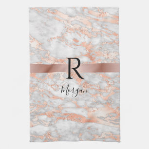 Blk Naam/Monogram Wit/Rosé Goud Marmer Glitter 2 Theedoek
