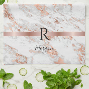 Blk Naam/Monogram Wit+Roze Goud Marmer Glitter 2 Theedoek