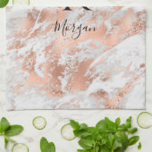 Blk Naam/Monogram Wit & Roze Goud Marmer Glitters Theedoek (Gevouwen)