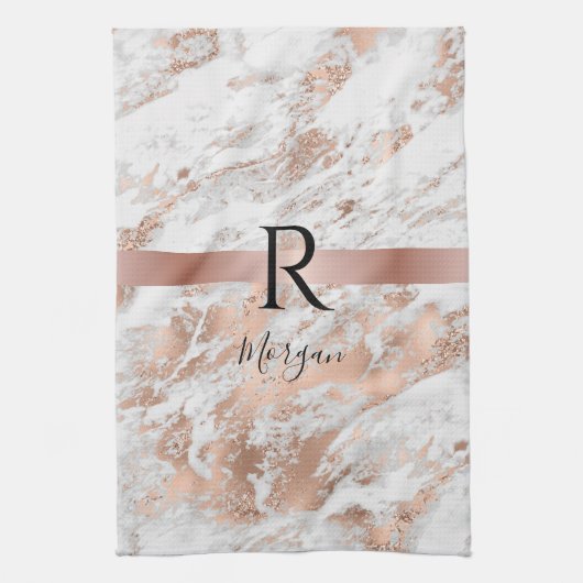 Blk Naam/Monogram Wit & Roze Goud Marmer Glitters Theedoek (Verticaal)