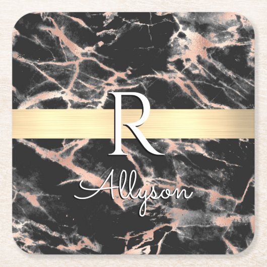 Blk & Roos Gold Marble Gold Bar, whitenaam monogra Kartonnen Onderzetters (Voorkant)