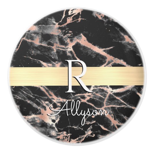 Blk & Roos Gold Marble Gold Bar, whitenaam monogra Keramische Knop (Voorkant)