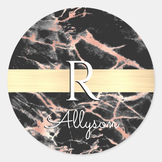 Blk & Roos Gold Marble Gold Bar, whitenaam monogra Ronde Sticker (Voorkant)