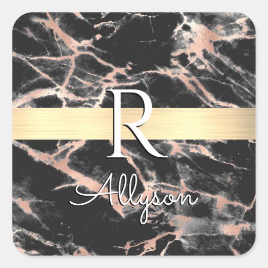 Blk & Roos Gold Marble Gold Bar, whitenaam monogra Vierkante Sticker (Voorkant)