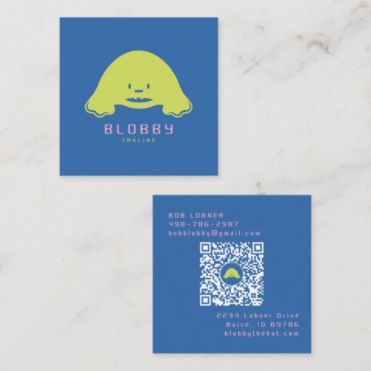 Blob Karakter Logo | Leuke Mascotte met QR-code Vierkante Visitekaartje (Voorkant / Achterkant)