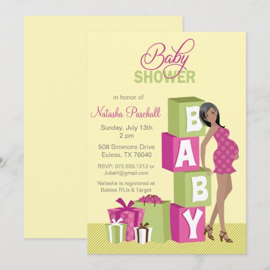 Block Girl Baby shower Invitation African American Kaart (Voorkant / Achterkant)